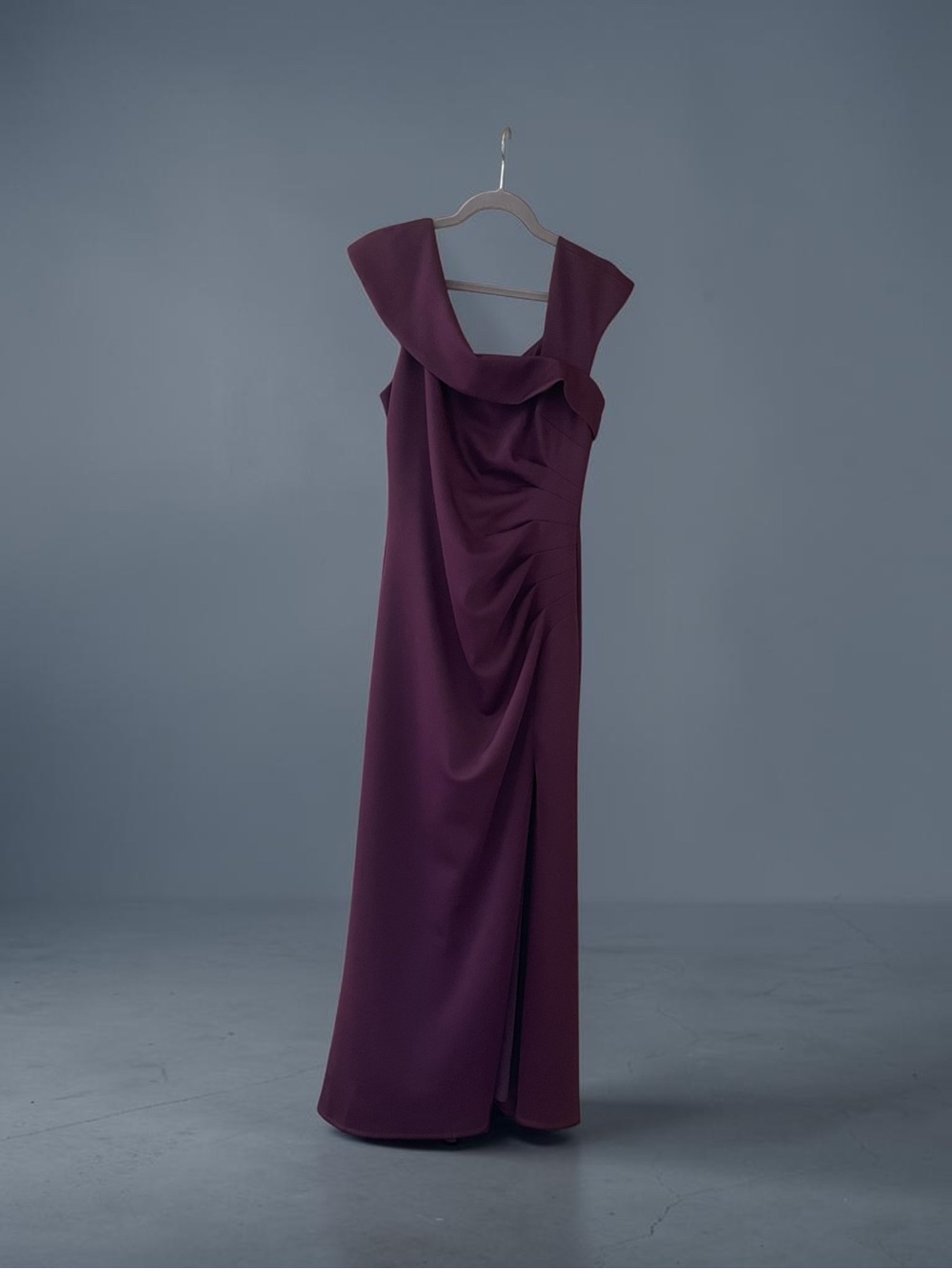 Xscape Off-Shoulder Draped Maxi Dress in Plum